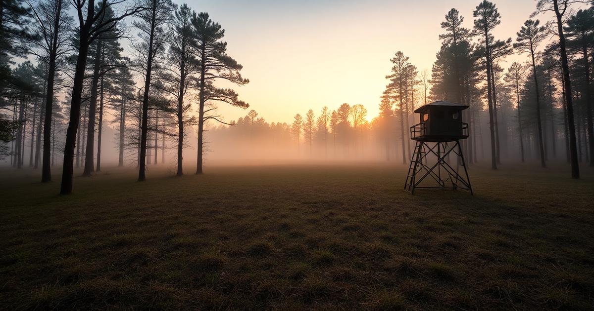 Mississippi hunting lease at dawn with a deer stand